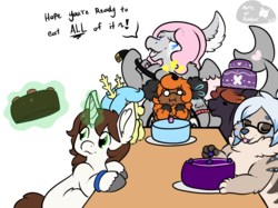 Size: 1000x747 | Tagged: safe, artist:adoeable, oc, oc only, oc:tai, belt, birthday party, cake, dialogue, food, glowing horn, horn, imminent bondage, magic, non-mlp oc, party, simple background, table, telekinesis, this will end in weight gain, transparent background