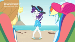 Size: 1920x1080 | Tagged: safe, screencap, applejack, rainbow dash, rarity, equestria girls, g4, lost and found, my little pony equestria girls: better together, cap, crying, feet, female, flip-flops, hat, makeup, marshmelodrama, mascarity, rarity's blue sarong, rarity's purple bikini, running makeup, sarong, sun hat