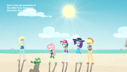 Size: 1920x1080 | Tagged: safe, screencap, applejack, derpy hooves, fluttershy, rainbow dash, rarity, tank, tortoise, aww... baby turtles, equestria girls, g4, my little pony equestria girls: better together, applejack's beach shorts swimsuit, cap, clothes, feet, flip-flops, fluttershy's wetsuit, hat, rainbow dash's beach shorts swimsuit, rock horse, sandals, sarong, sun hat, swimsuit, wetsuit