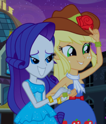 Size: 831x977 | Tagged: safe, screencap, applejack, rarity, equestria girls, g4, my little pony equestria girls, bare shoulders, duo, duo female, fall formal outfits, female, grin, holding hands, shipping fuel, sleeveless, smiling, strapless
