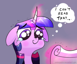 Size: 1200x1006 | Tagged: safe, artist:underpable, edit, twilight sparkle, pony, g4, bust, cropped, crying, eyebrows, eyebrows visible through hair, female, floppy ears, glowing horn, horn, magic, mare, reaction image, scroll, simple background, smiling, solo, telekinesis, thought bubble