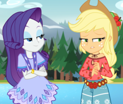 Size: 1283x1079 | Tagged: safe, screencap, applejack, rarity, equestria girls, g4, my little pony equestria girls: legend of everfree, camp fashion show outfit, embarrassed, lidded eyes, out of context