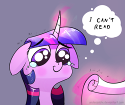 Size: 1200x1006 | Tagged: safe, artist:underpable, edit, twilight sparkle, pony, g4, bust, cropped, crying, eyebrows, eyebrows visible through hair, female, floppy ears, glowing horn, hilarious in hindsight, horn, i never learned to read, illiteracy, magic, mare, reaction image, scroll, simple background, smiling, solo, teary eyes, telekinesis, thought bubble