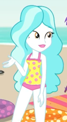Size: 365x667 | Tagged: safe, screencap, paisley, equestria girls, equestria girls series, g4, lost and found, blue hair, clothes, cropped, golden eyes, legs, light skin, lipstick, one-piece swimsuit, pink lipstick, polka dots, sleeveless, swimsuit