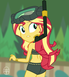 Size: 3457x3840 | Tagged: safe, artist:legendaryspider, sunset shimmer, equestria girls, g4, my little pony equestria girls: better together, unsolved selfie mysteries, ass, beach shorts swimsuit, bikini, bunset shimmer, butt, buttcrack, clothes, dive mask, female, high res, looking back, midriff, snorkel, solo, summer sunset, sunset shimmer's beach shorts swimsuit, swimsuit
