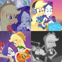 Size: 2048x2048 | Tagged: safe, screencap, applejack, rarity, equestria girls, equestria girls series, g4, lost and found, my little pony equestria girls: legend of everfree, my little pony equestria girls: rainbow rocks, rarity investigates: the case of the bedazzled boot, applejack is not amused, bass guitar, belly button, catching, clothes, comparison, continuity, cropped, cute, drama queen, duo, female, geode of shielding, geode of super strength, grayscale, hat, headphones, high res, jackabetes, magnet, marshmelodrama, midriff, monochrome, musical instrument, out of context, ponied up, raribetes, rarity investigates (eqg): applejack, shipping fuel, swimsuit, unamused