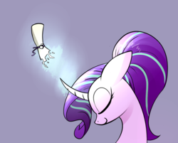 Size: 1200x965 | Tagged: safe, artist:underpable, edit, starlight glimmer, pony, unicorn, g4, bust, cropped, curved horn, eyes closed, female, glowing horn, horn, magic, mare, scroll, simple background, smiling, solo, telekinesis