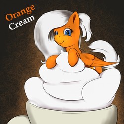 Size: 1280x1280 | Tagged: safe, artist:chrisgotjar, oc, oc only, oc:orange cream, pony, cream, cup, female, mare, simple background, solo, text