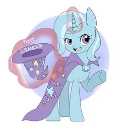Size: 768x768 | Tagged: safe, artist:zoomiso, trixie, pony, unicorn, g4, cape, clothes, female, hat, looking at you, mare, pointing, solo, trixie's cape, trixie's hat