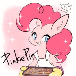Size: 768x768 | Tagged: safe, artist:zoomiso, pinkie pie, earth pony, pony, g4, apron, bust, chef's hat, clothes, cookie, cute, diapinkes, female, food, hat, mare, oven mitts, smiling, solo, tray