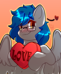 Size: 2258x2735 | Tagged: safe, artist:blueomlette, pegasus, pony, blushing, fluffy, glasses, heart, high res, holding, love, solo, text, two toned hair, wings