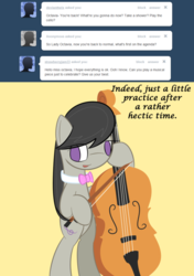 Size: 492x700 | Tagged: safe, artist:erthilo, octavia melody, earth pony, pony, ask octavia, g4, ask, bipedal, bow (instrument), cello, cello bow, female, mare, musical instrument, no pupils, solo, tumblr