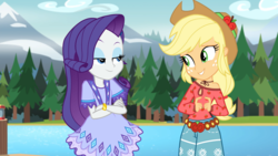 Size: 1920x1080 | Tagged: safe, screencap, applejack, rarity, equestria girls, g4, my little pony equestria girls: legend of everfree, camp fashion show outfit, clothes, lake, tree