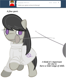 Size: 250x295 | Tagged: safe, artist:erthilo, octavia melody, earth pony, pony, ask octavia, g4, ask, clothes, female, fencing, mare, mouth hold, no pupils, solo, tumblr