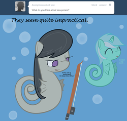 Size: 801x766 | Tagged: safe, artist:erthilo, lyra heartstrings, octavia melody, original species, sea pony, seahorse, ask octavia, g4, ask, bow (instrument), cello bow, duo, duo female, female, no pupils, seaponified, seapony lyra, species swap, tumblr, underwater