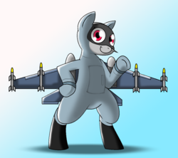 Size: 1034x920 | Tagged: safe, artist:pencil bolt, oc, oc:tender falcon, original species, plane pony, pony, bipedal, cute, f-16 fighting falcon, female, plane, red eyes, smiling