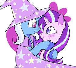 Size: 1158x1043 | Tagged: safe, artist:1racat, starlight glimmer, trixie, pony, unicorn, blushing, cape, clothes, cute, diatrixes, duo, female, glimmerbetes, hat, lesbian, looking at each other, shipping, smiling, startrix, trixie's cape, trixie's hat, unshorn fetlocks