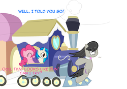 Size: 1143x801 | Tagged: safe, artist:erthilo, dj pon-3, octavia melody, pinkie pie, vinyl scratch, earth pony, pony, unicorn, ask octavia, g4, female, friendship express, locomotive, mare, train, wrong eye color