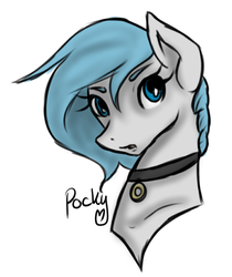 Size: 695x829 | Tagged: safe, artist:pockypocky, oc, oc only, oc:pocky, pony, blue, blue eyes, bust, choker, color, doodle, female, gray, jewelry, mane, mare, necklace, portrait, rough, simple background, solo