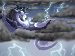 Size: 1125x843 | Tagged: safe, artist:bijutsuyoukai, oc, oc only, oc:monsoon, cloud, lightning, magical gay spawn, male, offspring, parent:discord, parent:storm king, solo