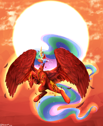 Size: 833x1015 | Tagged: safe, artist:srahitai, princess celestia, alicorn, pony, g4, female, flying, solo, sun