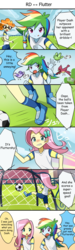 Size: 750x2500 | Tagged: safe, artist:ryuu, fluttershy, rainbow dash, scribble dee, bird, cardinal, equestria girls, g4, magical mystery cure, my little pony equestria girls: better together, clothes, comic, cross-popping veins, football, geode of fauna, geode of super speed, glasses, goal, hairpin, magical geodes, shoes, sneakers, sports, sweat, teary eyes