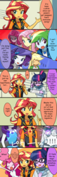 Size: 750x2310 | Tagged: safe, artist:ryuu, applejack, fluttershy, pinkie pie, rainbow dash, rarity, sunset shimmer, twilight sparkle, equestria girls, g4, magical mystery cure, my little pony equestria girls: better together, clothes, comic, geode of empathy, geode of shielding, geode of sugar bombs, geode of super speed, geode of super strength, glasses, hairpin, jacket, japanese reading order, jewelry, lab coat, leather jacket, magical geodes, mane six, necklace, pinkamena diane pie