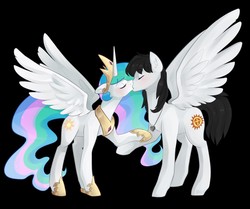 Size: 1280x1071 | Tagged: safe, artist:goshhhh, princess celestia, oc, alicorn, pegasus, pony, g4, black background, blushing, canon x oc, ear fluff, eyes closed, female, heart, holding hooves, jewelry, kissing, lesbian, necklace, peytral, simple background, spread wings, wings