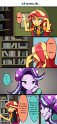 Size: 750x1622 | Tagged: safe, artist:ryuu, starlight glimmer, sunset shimmer, equestria girls, g4, magical mystery cure, my little pony equestria girls: better together, aftermath, beanie, book, bookshelf, clothes, comic, geode of empathy, hat, ladder, watch