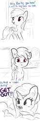 Size: 1650x4950 | Tagged: safe, artist:tjpones, rainbow dash, rarity, pegasus, pony, unicorn, g4, bath, bathing, bathroom, blushing, bubble bath, carousel boutique, caught, chest fluff, comic, dialogue, duo, ear fluff, embarrassed, female, partial color, rubber duck, simple background, towel, we don't normally wear clothes, white background