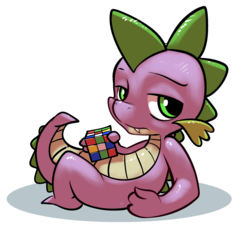 Size: 1831x1681 | Tagged: safe, artist:gsphere, spike, dragon, g4, bored, looking at you, male, on back, rubik's cube, simple background, solo, white background
