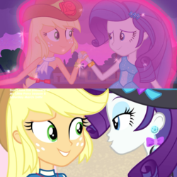 Size: 720x720 | Tagged: safe, screencap, applejack, rarity, equestria girls, g4, lost and found, my little pony equestria girls, my little pony equestria girls: better together, clothes, glowing, shipping fuel, sparkles, swimsuit