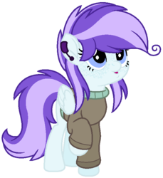Size: 598x654 | Tagged: safe, artist:bezziie, oc, oc only, oc:lizzie, pegasus, pony, clothes, earpiece, female, mare, offspring, parent:oc:cloudy, parent:oc:strawberry, parents:oc x oc, simple background, solo, sweater, transparent background
