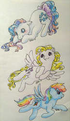 Size: 500x862 | Tagged: safe, artist:alukelele, gingerbread, rainbow dash, surprise, pony, twinkle eyed pony, g1, g4, bow, tail bow, traditional art
