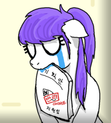 Size: 334x371 | Tagged: safe, artist:cocopommel, oc, oc only, oc:malchang, pony, crying, eyes closed, female, korean, simple background, solo