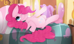 Size: 3684x2208 | Tagged: safe, artist:chinchidou2002, pinkie pie, earth pony, pony, g4, bed, female, high res, on back, solo
