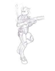 Size: 791x1024 | Tagged: safe, artist:rimefox, oc, oc:blackjack, anthro, unguligrade anthro, fallout equestria, fallout equestria: project horizons, gun, monochrome, security, weapon