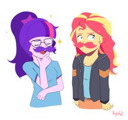 Size: 1568x1475 | Tagged: safe, artist:0ndshok, sci-twi, sunset shimmer, twilight sparkle, equestria girls, g4, clothes, facial hair, female, glasses, hilarious in hindsight, jacket, lesbian, moustache, ship:sci-twishimmer, ship:sunsetsparkle, shipping, simple background, sweatdrop, white background