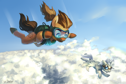 Size: 3000x2000 | Tagged: safe, artist:jedayskayvoker, oc, oc only, earth pony, pegasus, pony, cloud, commission, duo, falling, freefall, goggles, high res, parachute, skydiving, ych result