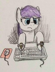 Size: 500x658 | Tagged: safe, artist:cocopommel, oc, oc only, oc:malchang, pony, female, keyboard, screwdriver, simple background, solo, traditional art