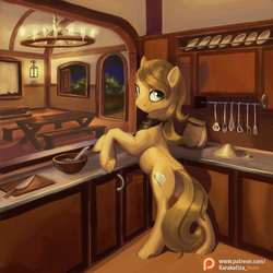 Size: 900x900 | Tagged: safe, artist:kirillk, oc, oc only, earth pony, pony, commission, female, kitchen, looking at you, looking back, looking back at you, mare, night, patreon, patreon logo, restaurant, solo