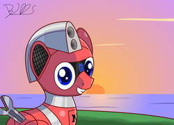 Size: 1500x1080 | Tagged: safe, artist:trackheadtherobopony, oc, oc only, oc:trackhead, pony, robot, robot pony, ocean, solo, sunset