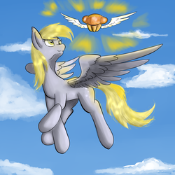 Size: 1000x1000 | Tagged: safe, artist:ruanshi, derpy hooves, pegasus, pony, g4, female, flying, food, muffin, sky, solo