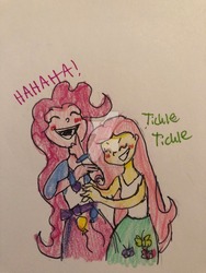 Size: 1024x1365 | Tagged: safe, artist:alyssah1903, fluttershy, pinkie pie, equestria girls, g4, blushing, clothes, cute, eyes closed, female, laughing, lesbian, mouth, open mouth, ship:flutterpie, shipping, sketch, skirt, tickle torture, tickling, traditional art, watermark