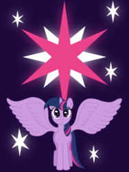 Size: 3780x5040 | Tagged: safe, artist:mfg637, twilight sparkle, alicorn, pony, g4, cutie mark, cutie mark background, female, large wings, looking at you, purple background, simple background, solo, spread wings, stars, twilight sparkle (alicorn), vector, wings