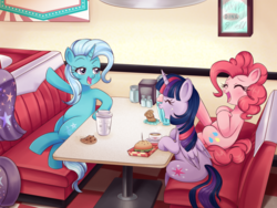 Size: 1860x1400 | Tagged: safe, artist:lucy-tan, pinkie pie, trixie, twilight sparkle, alicorn, earth pony, pony, unicorn, g4, booth, burger, cape, clothes, coffee, commission, cookie, drink, eating, eyes closed, female, food, happy, hat, laughing, mare, muffin, open mouth, restaurant, salt, salt shaker, sitting, smiling, trixie's cape, trixie's hat, twilight sparkle (alicorn), when you see it