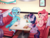 Size: 1860x1400 | Tagged: safe, artist:lucy-tan, pinkie pie, trixie, twilight sparkle, alicorn, earth pony, pony, unicorn, g4, booth, burger, cape, clothes, coffee, commission, cookie, drink, eating, eyes closed, female, food, happy, hat, laughing, mare, muffin, open mouth, restaurant, salt, salt shaker, sitting, smiling, trixie's cape, trixie's hat, twilight sparkle (alicorn), when you see it