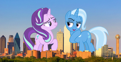 Size: 2800x1440 | Tagged: safe, artist:dashiesparkle, artist:tardifice, artist:theotterpony, starlight glimmer, trixie, pony, g4, city, dallas, giant pony, giant starlight glimmer, highrise ponies, irl, macro, mega trixie, photo, ponies in real life, story in the source, texas