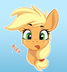 Size: 900x973 | Tagged: safe, artist:kuri_art, applejack, earth pony, pony, g4, :p, blue background, cute, female, freckles, jackabetes, looking at you, silly, silly pony, simple background, solo, tongue out, who's a silly pony