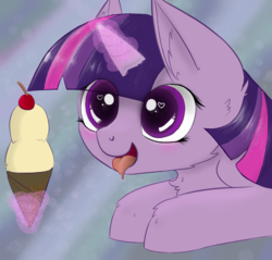 Size: 785x750 | Tagged: safe, artist:psychoticminkiepie, twilight sparkle, pony, g4, cherry, chest fluff, female, food, glowing horn, heart eyes, horn, ice cream, ice cream cone, solo, tongue out, wingding eyes